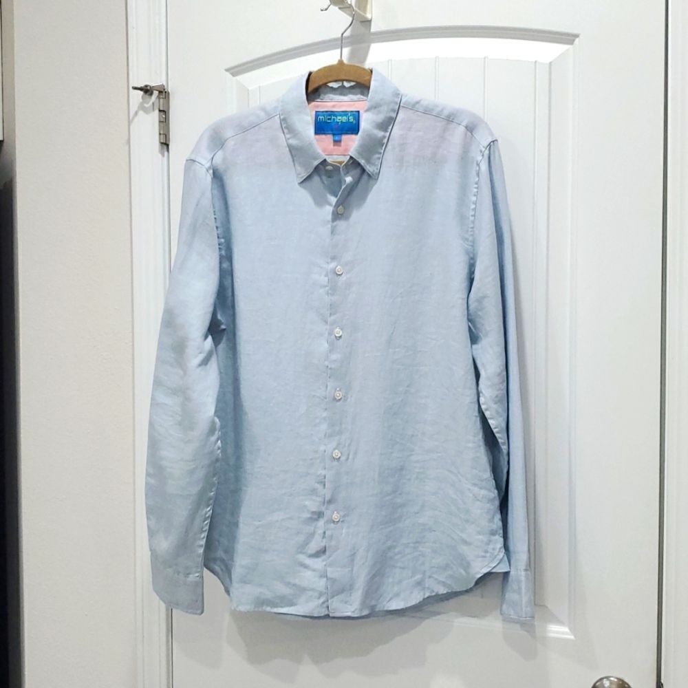 Michael's Mens 100% Linen Blue Oxford Button Down Shirt,  Size Large